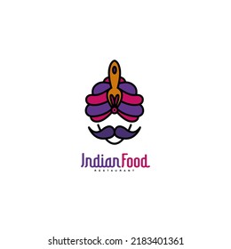 Indian Food restaurant colorful logo design with turban, fork and mustache inspiration