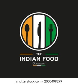 Indian Food Restaurant Logo. India Flag Symbol With Spoon, Fork, And Knife Icons. Premium And Luxury Logo