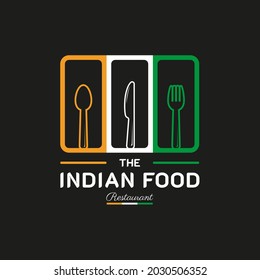 Indian Food Restaurant Logo. India Flag Symbol With Spoon, Fork, And Knife Icons. Premium And Luxury Logo