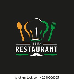 Indian Food Restaurant Logo. India Flag Symbol With Spoon, Fork, Mustache, And Knife Icons. Premium And Luxury Logo