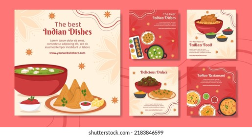 Indian Food Restaurant Social Media Post Template Flat Cartoon Background Vector Illustration