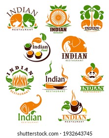 Indian Food Restaurant Vector Icons, Cartoon Emblems With Traditional Symbols Of India. Chili Peppers, Condiments And Elephants With Palm Trees And Lous Flower With Steaming Cup Isolated Labels Set
