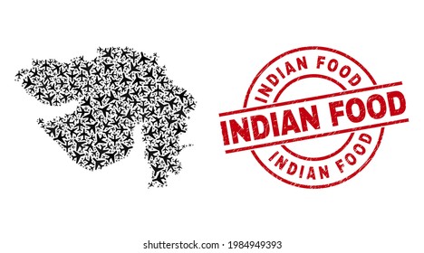 Indian Food rubber seal stamp, and Gujarat State map mosaic of jet vehicle elements. Mosaic Gujarat State map created with airplanes. Red seal with Indian Food tag, and unclean rubber texture.