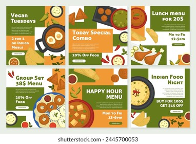 Indian food sale, social media template banner set. Marketing offer at post collection, vector illustration. Happy hour, special combo, group set menu, discount and offer promo