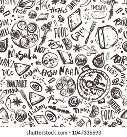 Indian Food seamless pattern background with lettering. Modern Sketch asian menu