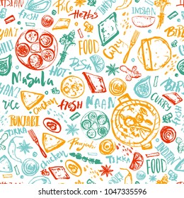 Indian Food Seamless Pattern Background With Lettering. Modern Sketch Asian Menu