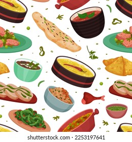 Indian Food Seamless Pattern Design with Dinner Dish Served on Plate Vector Template