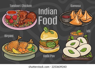 Indian food. A set of classic dishes. Cartoon hand drawn illustration.