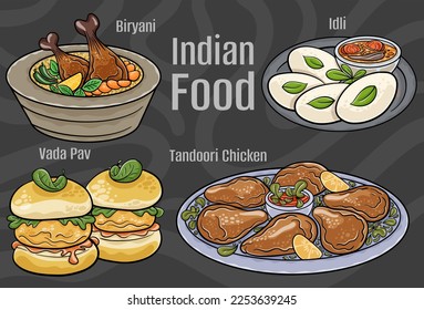 Indian food. A set of classic dishes. Cartoon hand drawn illustration.