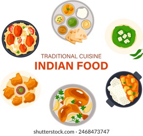 Indian Food Set - Curry, Biryan, Faloda, Pakora, Palak Paneer. Collection national dishes on plates, traditional cuisine. Eating, meals. Decorations for restaurant menu. Isolated. Vector illustration