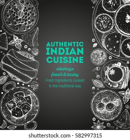 Indian food top view. Indian cuisine menu design. Vintage hand drawn sketch vector illustration.