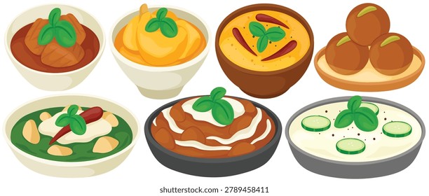 Indian food vector clipart set with assorted curry bowls, yellow dal, green paneer dish, cucumber raita, sweet balls, herbs and red chilies, isolated on white background, restaurant menu design