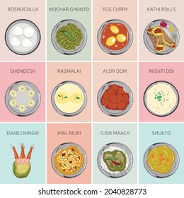 Indian food vector graphics. Bengali Food. Main Course breakfast lunch and dinner meals in India. Roshogolla egg curry kathi rolls shondesh rasmalai alor dum mishti doi daab chingri jhal muri shukto