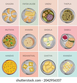 Indian food vector graphics. Gujrati Gujrat Food. Main Course breakfast lunch and dinner meals in India. Dhokla Khakra Khandvi Muthiya Mohanthal Undiu Handvo Fafda Jalebi Ghugra Ghatiya Thepla Dabeli