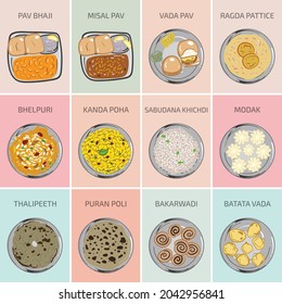 Gráficos vectoriales de comida india. Comida Marathi Maharashtra. Desayuno principal almuerzo y cena en India. Vada Pav Misal Pav Pav Bhaji Kanda Poha Modak Bakarwadi Batata Ragda Pattice Bhelpuri