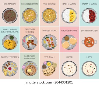 Indian food vector graphics. Punjabi Food from Punjab. Main Course breakfast lunch and dinner meals in India. roti lassi chole bhature butter chicken dal makhni paneer tikka rajma kadi chawal parantha