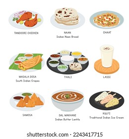 Indian Food vector set. Set of famous dishes in India flat vector illustration, clipart cartoon. Naan, Thali, Chaat, Samosa, Tandoori Chicken. Asian food. Indian cuisine. Indian foods vector design