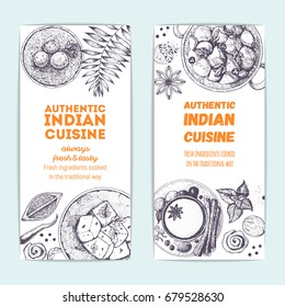 Indian food vintage design template. Banners collection. Vector illustration hand drawn linear art. Indian Cuisine restaurant menu flyers. Hand drawn sketch.