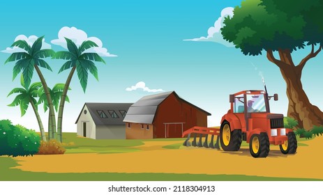 Indian forest farmer with tractor village rural old house blue sky