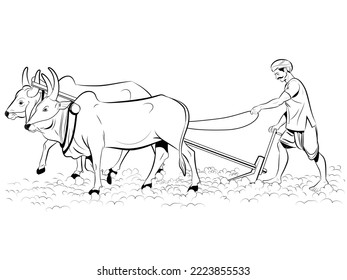 Indian former working with plough