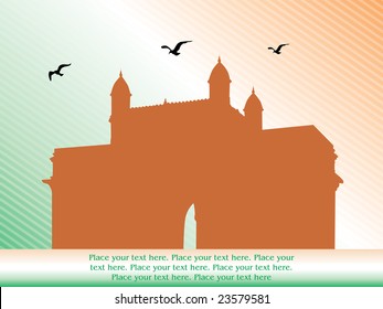 indian fort gate and flying crow against indian flag background, vector illustration