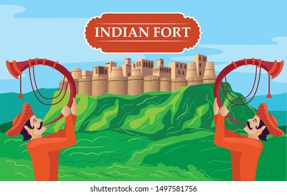 indian fort with tutari playing men vector illustration