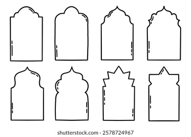 Indian Frame Doodle Shape Set. Islamic Arabic Arch Label. Vector Hand Drawn Isolated Illustration Clip Art