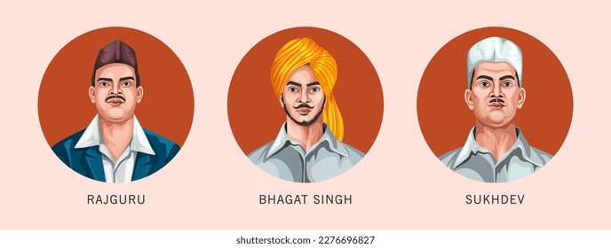 Ilustración vectorial de los luchadores por la libertad indios Bhagat Singh, Sukhdev y Rajguru. Avatar para el Día de los Mártires, 23 de marzo.