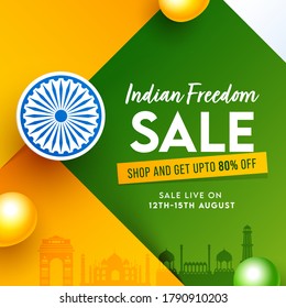 Indian Freedom Sale Poster Design with 80% Discount Offer, Famous Monuments, Glossy Balloons and Ashoka Wheel on Tricolor Paper Cut Background.