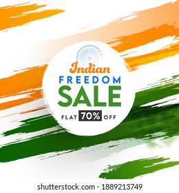 Indian Freedom Sale Poster Design With 70% Discount Offer On Tricolor Brush Stroke Halftone Effect Background.