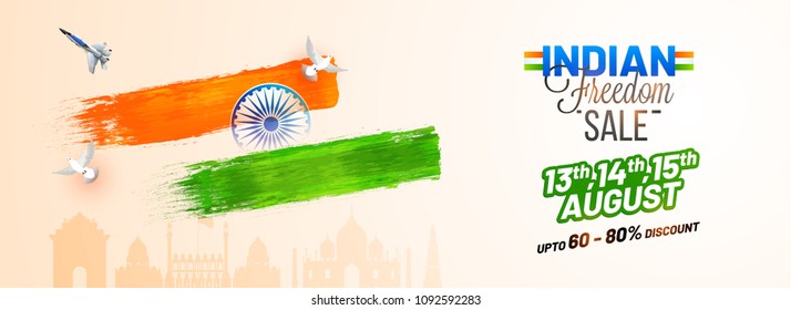 Indian Freedom sale, web header or banner design with dove flying, fighter aircraft, Ashoka Chakra on Indian famous monuments background.