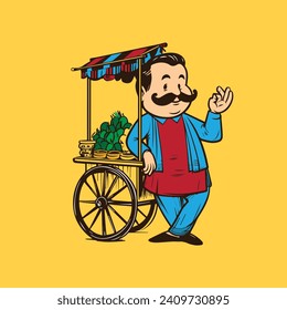 Indian Fruit Seller with Wheel cart caricature Vector art Illustration
