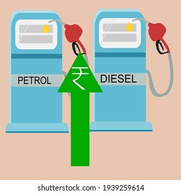 Indian Fuel Price Hike Concept, Increasing Petrol And Diesel Price, Up Arrow With Indian Rupee Symbol.