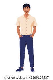 Indian Full length young man standing hands pockets casual shirt pants