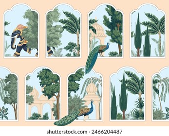 Indian gallery with elephant, peacocks, palms, trees seamless pattern. Garden wallpaper.	