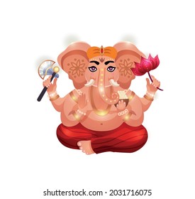 Indian ganesha god holding lotus and axe cartoon vector illustration