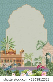 Indian garden, peacock, swan, lotus and arch frame illustration for Sikh invitation