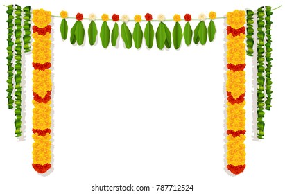 Indian garland of flowers and leaves. Religion festive holiday decoration. Vector illustration isolated on white