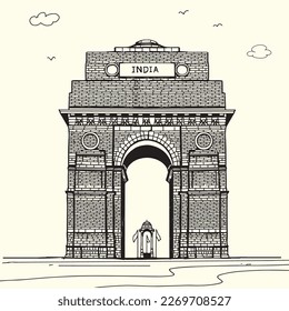 Indisches Tor in Delhi, handgezeichnete Skizzengrafik von India Gate, 42 Meter hoch, das östliche Ende des Rajpath, Neu Delhi, Delhi, Indien, Asien in Vektorgrafik.