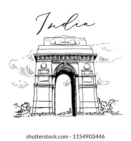Indian Gate In New Delhi Sketch Illustration