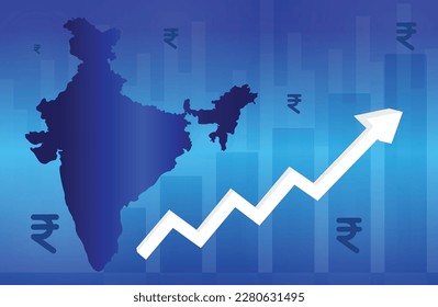 Crecimiento del PIB indio o crecimiento económico con mapa de la India de fondo azul y símbolos de flecha ascendente e INR
