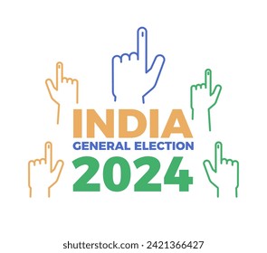 Indian general election 2024 election banner. multiple inked index fingers raised, representing voter participation, with India flag color graphic elements background. Vector icon elements design