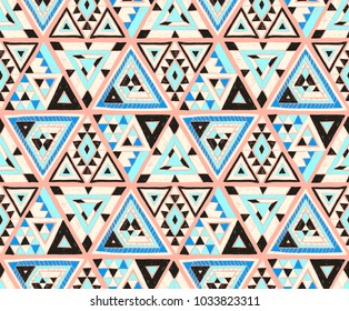 Indian geometric folklore ornament with  triangle. Tribal ethnic vector patchwork texture.  Scandinavian embroidery. Seamless striped  pattern in Aztec style. Gypsy, Mexican, folk pattern. 