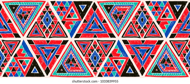 Indian geometric folklore ornament with  triangle. Tribal ethnic vector patchwork texture.  Scandinavian embroidery. Seamless striped  pattern in Aztec style. Gypsy, Mexican, folk pattern. 