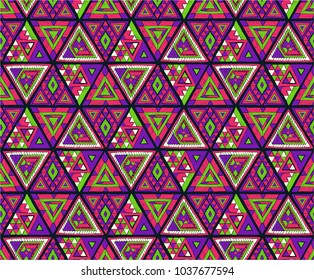 Indian geometric folklore ornament with  triangle. Tribal ethnic vector patchwork texture.  Scandinavian embroidery. Seamless striped  pattern in Aztec style. Gypsy, Mexican, folk pattern. 