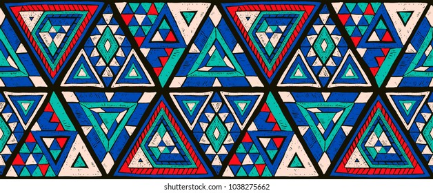 Indian geometric folklore ornament with  triangle. Tribal ethnic vector patchwork texture.  Scandinavian embroidery. Seamless striped  pattern in Aztec style. Gypsy, Mexican, folk pattern. 
