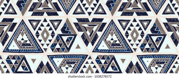 Indian geometric folklore ornament with  triangle. Tribal ethnic vector patchwork texture.  Scandinavian embroidery. Seamless striped  pattern in Aztec style. Gypsy, Mexican, folk pattern. 