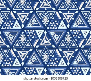 Indian geometric folklore ornament with  triangle. Tribal ethnic vector patchwork texture.  Scandinavian embroidery. Seamless striped  pattern in Aztec style. Gypsy, Mexican, folk pattern. 