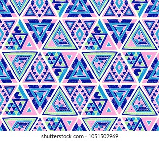 Indian geometric folklore ornament with  triangle. Tribal ethnic vector patchwork texture.  Scandinavian embroidery. Seamless striped  pattern in Aztec style. Gypsy, Mexican, folk pattern. 