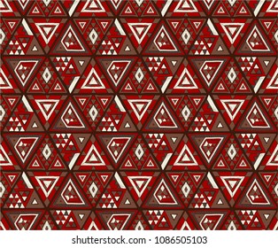 Indian geometric folklore ornament with  triangle. Tribal ethnic vector patchwork texture.  Scandinavian embroidery. Seamless striped  pattern in Aztec style. Gypsy, Mexican, folk pattern. 